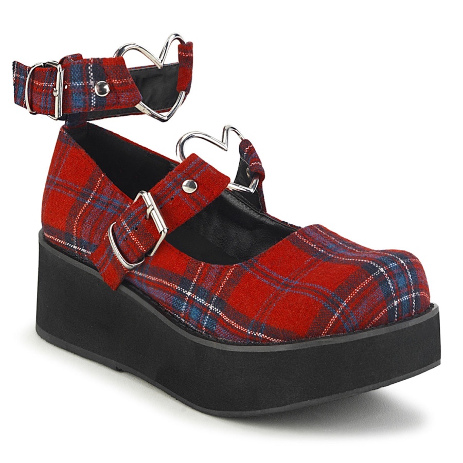 sprite_02_zapatos_demonia_red_plaid_fabric.jpg Sprite-02 Zapatos Demonia Red Plaid Fabric - Image 1