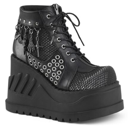 Stomp-18 Demonia Colombia Black Vegan Leather-Gray Velvet